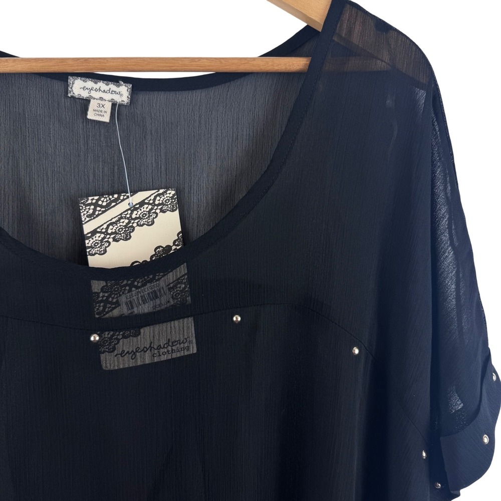 Eyeshadow Blouse Women 3X Black Studded Short Sleeve Chiffon Top B5384MBFB
